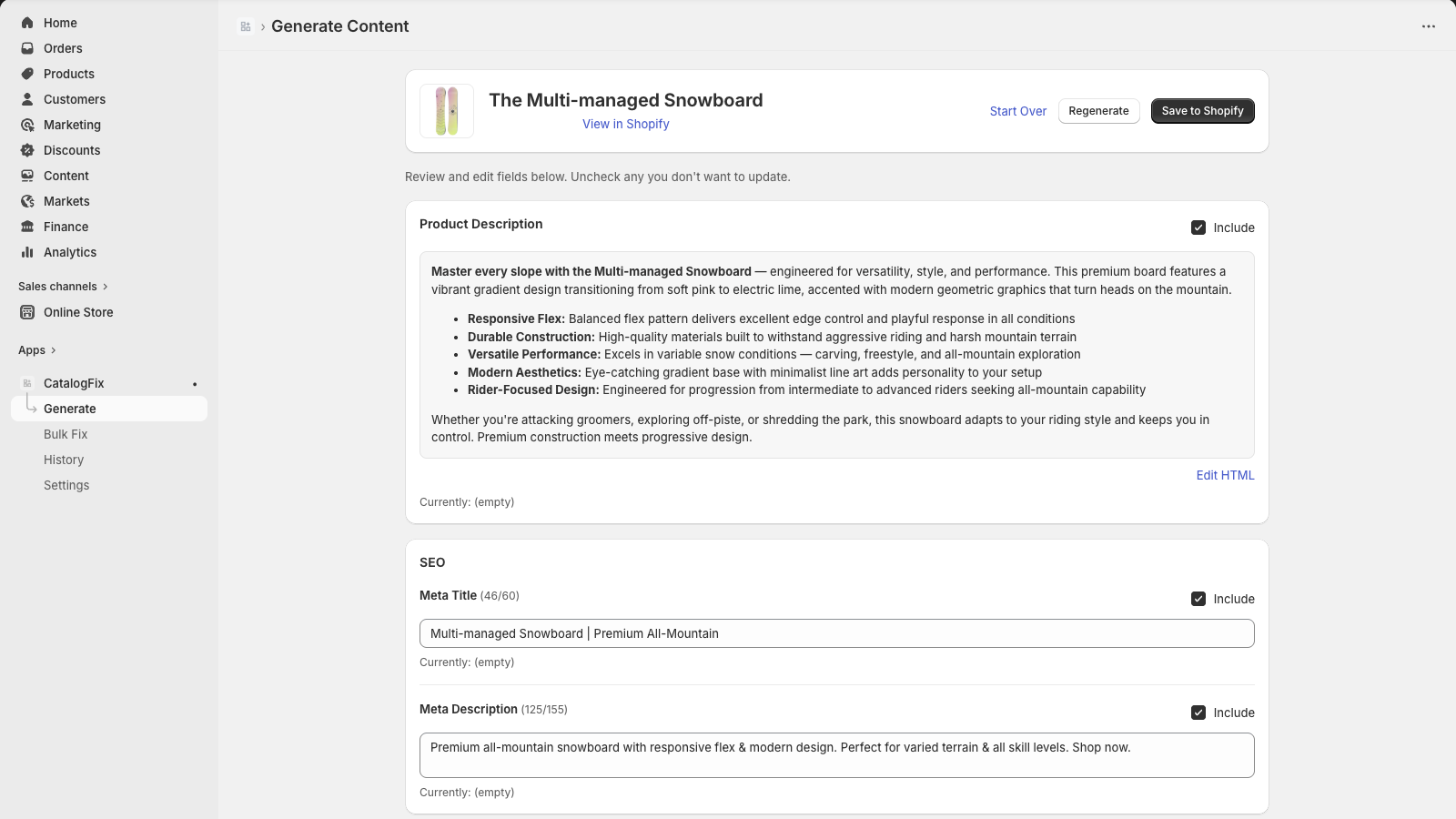 CatalogFix review step showing AI-generated product description, SEO meta title, and meta description for a snowboard product
